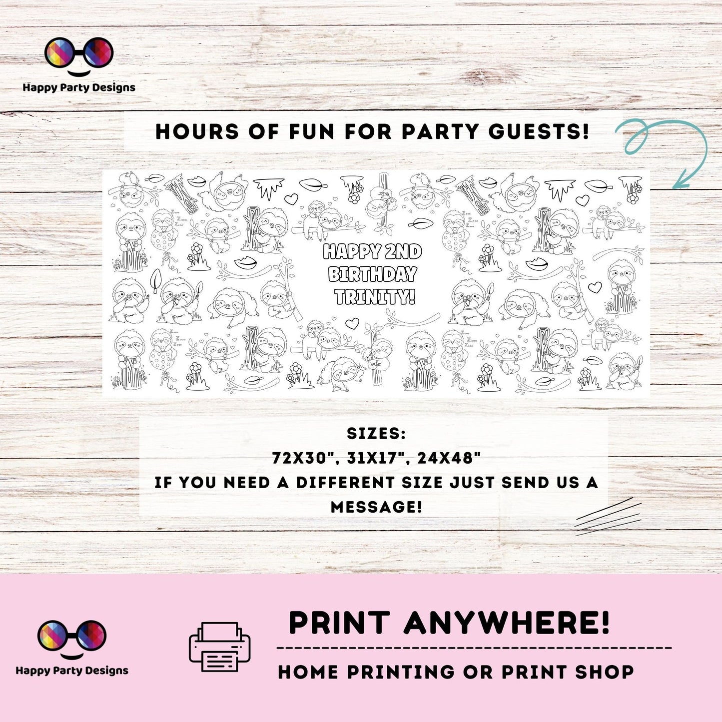 Sloth XL coloring Table runner | Editable table runner coloring page | sloth party | Cute Sloth | funny sloth party table runner #K52
