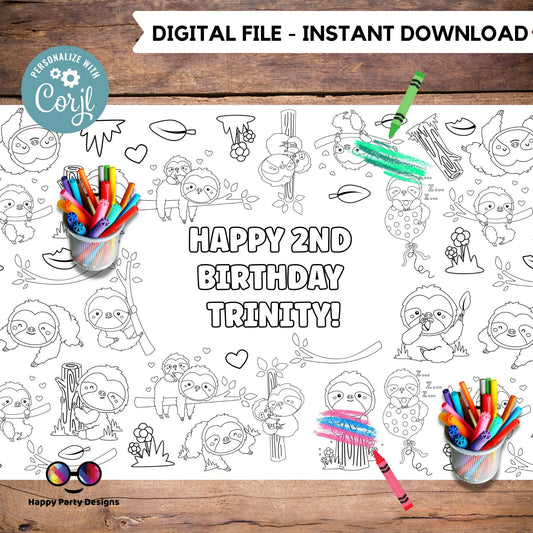 Sloth XL coloring Table runner | Editable table runner coloring page | sloth party | Cute Sloth | funny sloth party table runner #K52