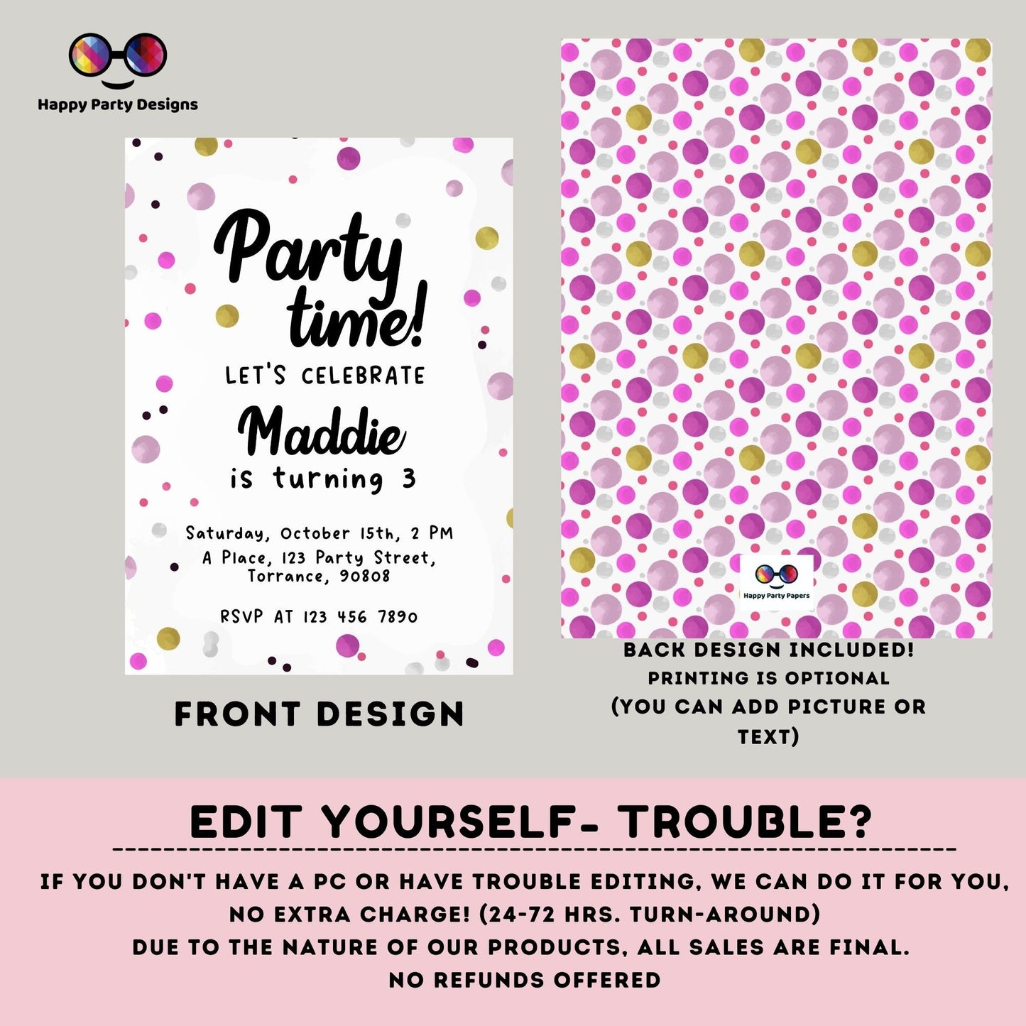 Confetti Party Invitation Template | Party Invite | Editable Template | Party Printable Invite | Birthday girl Confetti #K201