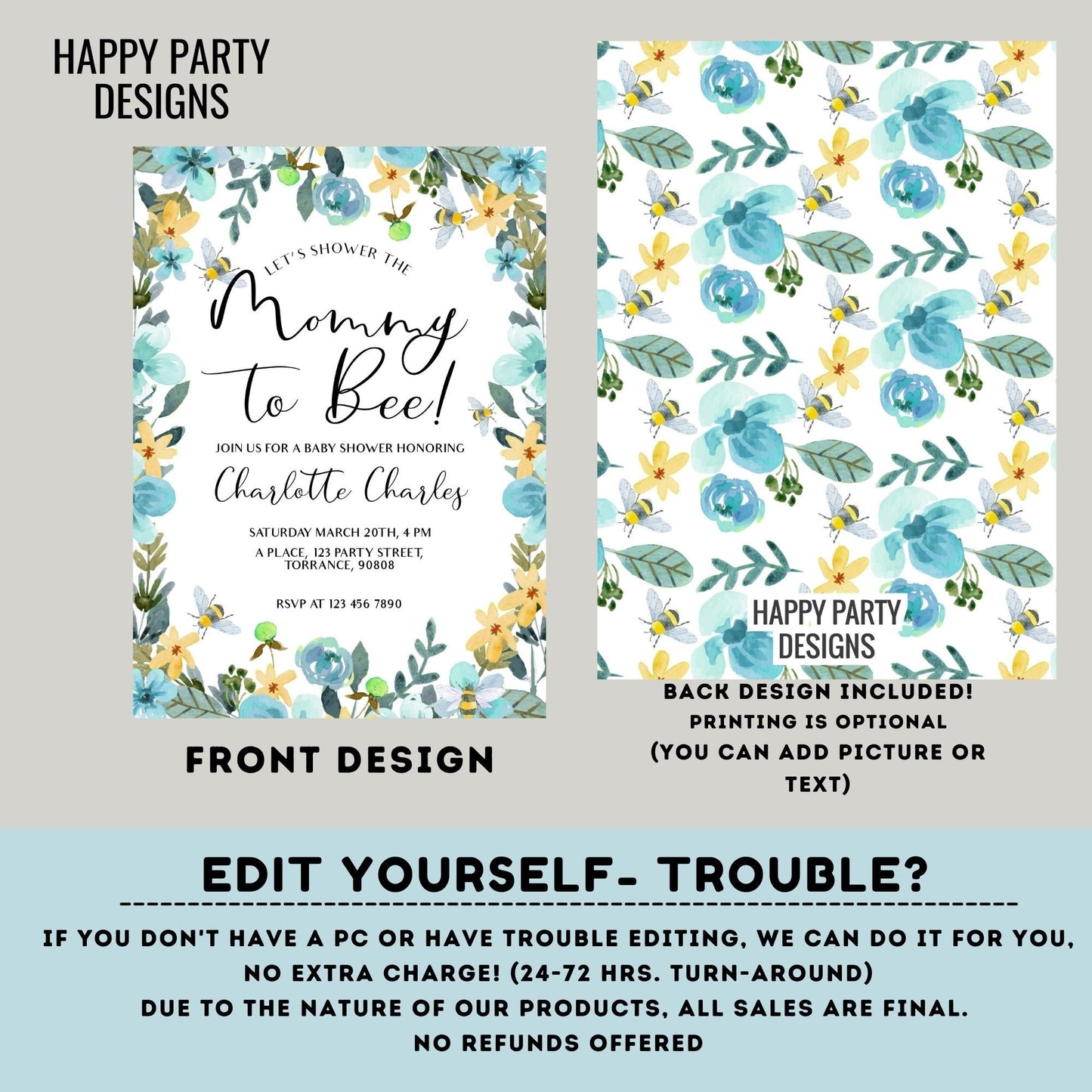 Mommy to be Shower Invitation Template | Editable Baby Shower | Baby boy Invitation | Floral Printable Invitation | Blue flowers  #B43