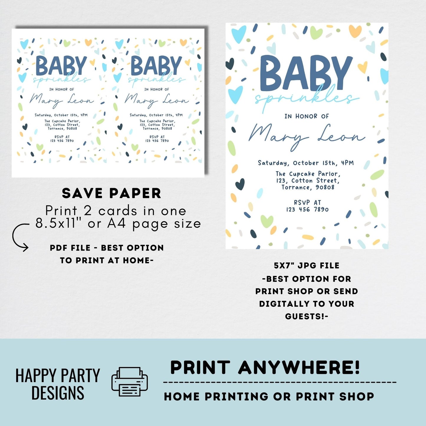 Baby Sprinkle Shower Invitation Template | Editable Baby Shower | Baby boy Invitation | Confetti Sprinkles Printable Invitation  #B39