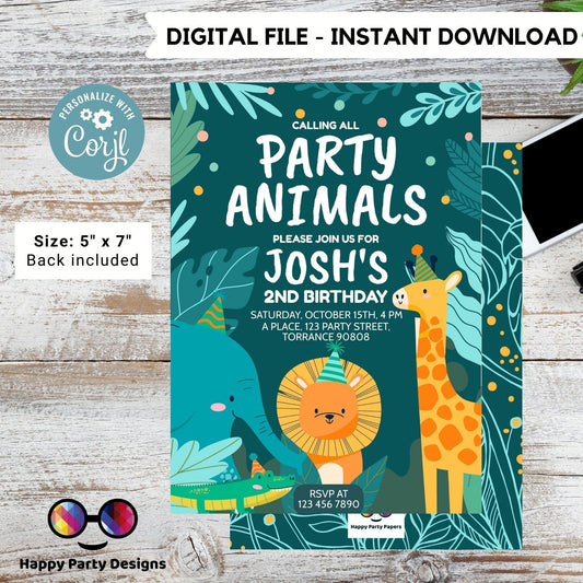 Editable party animals Birthday invitation | Green Birthday | Wild animals  | invitation zoo safari | digital invitation #K202
