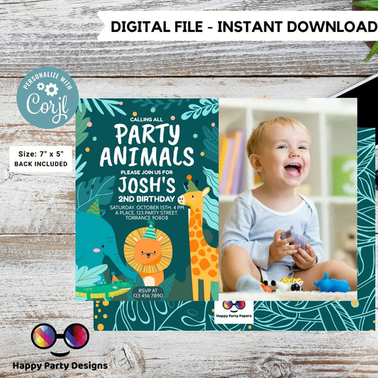 Editable party animals Birthday invitation with photo | Green Birthday | Wild animals  | invitation zoo safari | digital invitation #K202