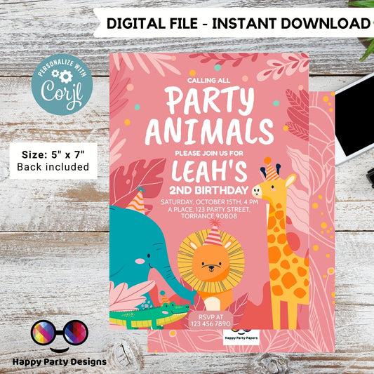 Editable party animals Birthday invitation | Pink Birthday | Wild animals | invitation zoo safari | digital invitation | birthday girl #K202