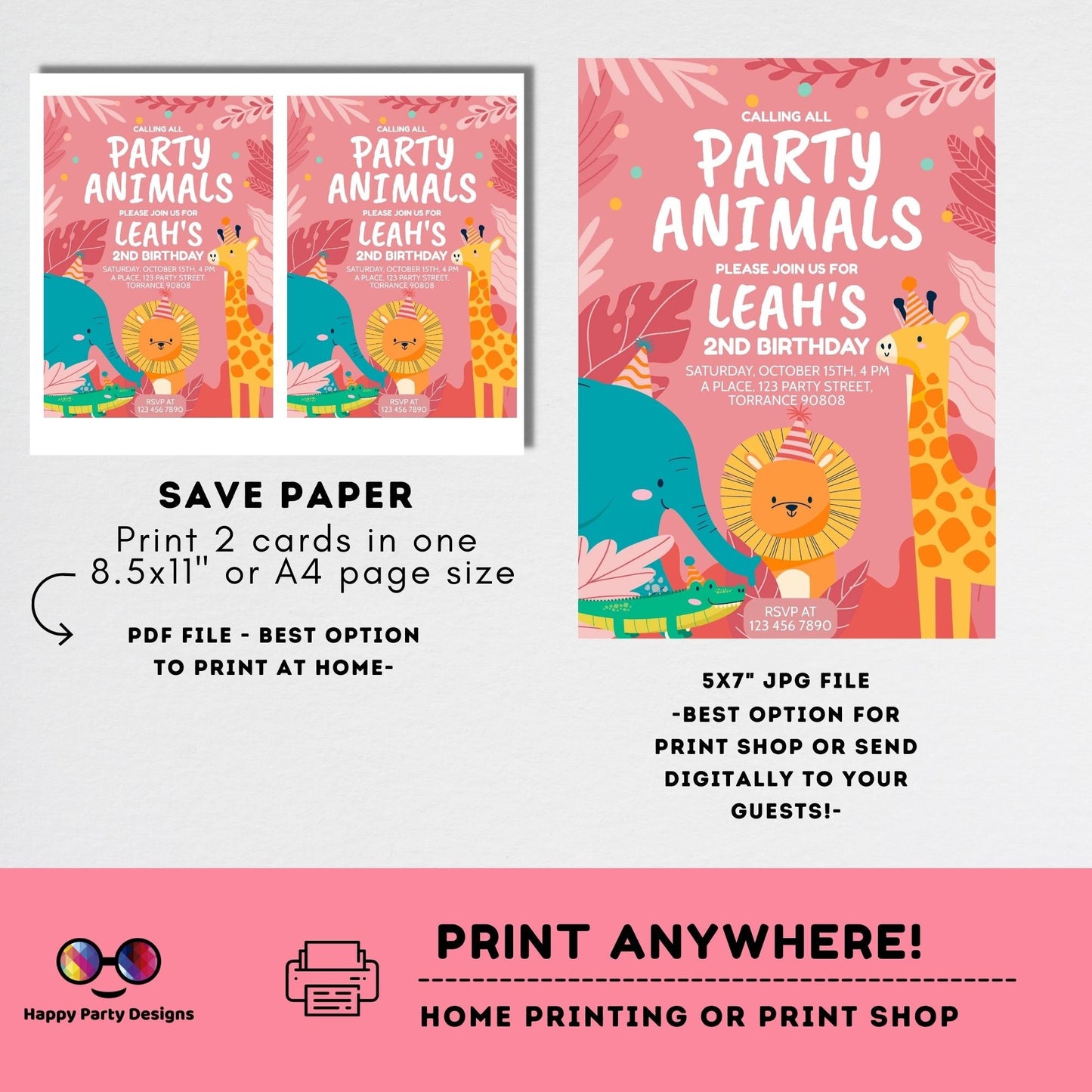 Editable party animals Birthday invitation | Pink Birthday | Wild animals | invitation zoo safari | digital invitation | birthday girl #K202