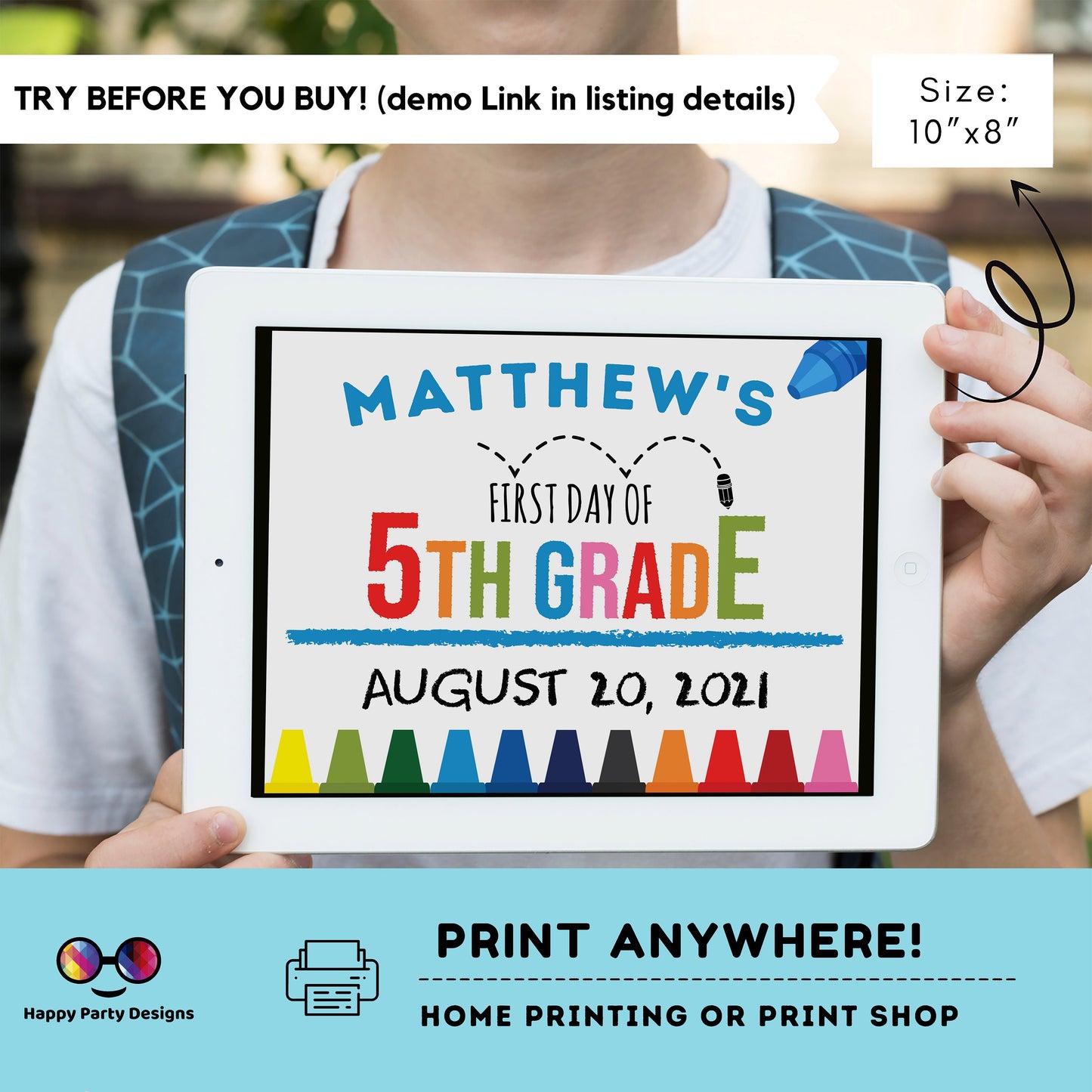 Editable First day of 5th grade | Fifth grade Sign | 1st Day of 5th grade Sign | personalized school sign | boy