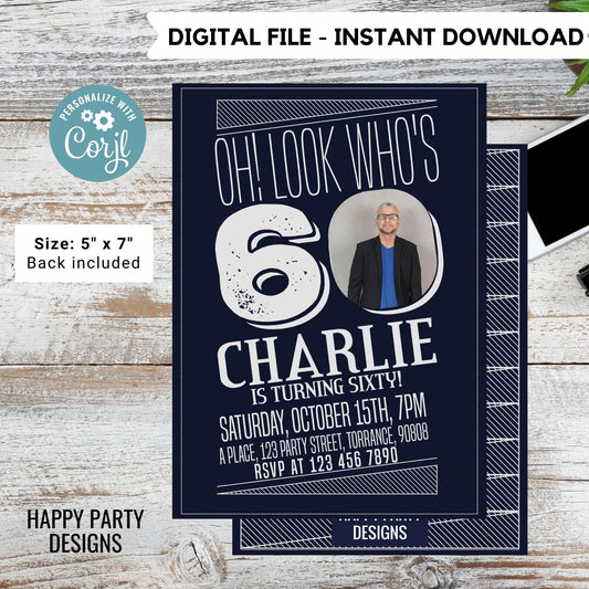 Look who's 60 Party Invite Printable | 60th birthday | Surprise party | Birthday Invite | Modern 60th Birthday #A20