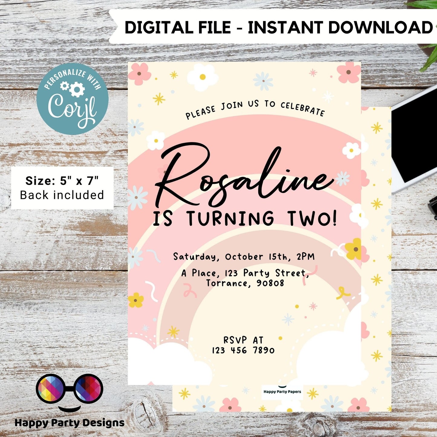 Editable Rainbow Birthday Party Invitation | Instant Download Rainbow Birthday Party Invitation | Rainbow Birthday | Pastel colors  #K203
