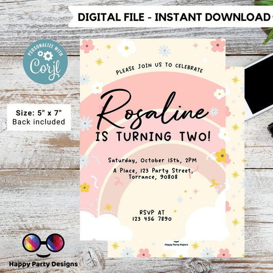 Editable Rainbow Birthday Party Invitation | Instant Download Rainbow Birthday Party Invitation | Rainbow Birthday | Pastel colors  #K203