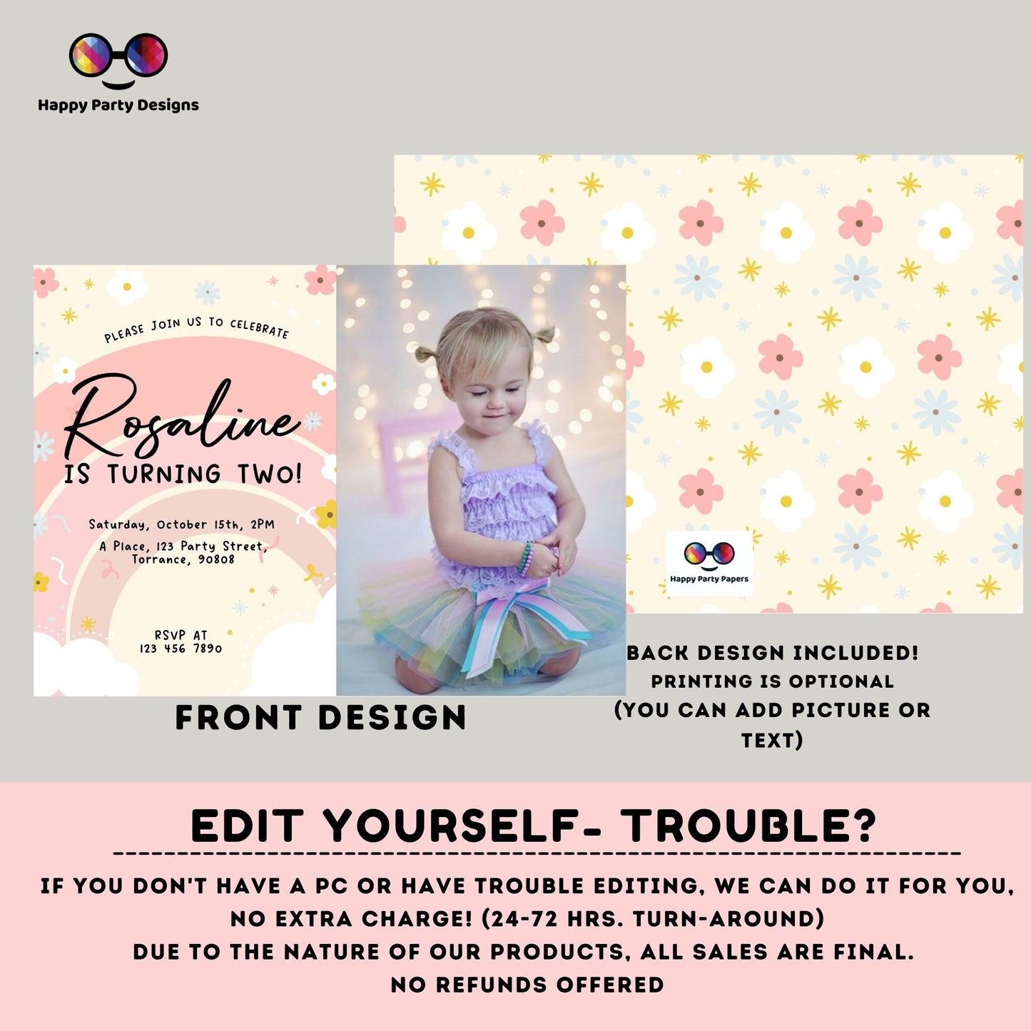 Editable Rainbow Birthday Party Invitation with picture | Instant Download Rainbow Birthday Party Invitation | Pastel colors  #K203