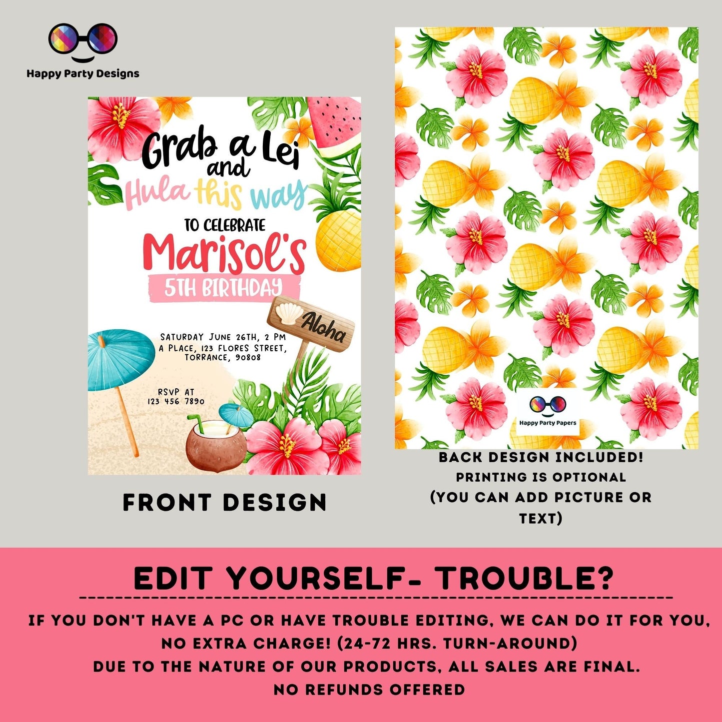 Editable Grab a Lei and Hula this way invitation template | Hula Party Invitation | Summer | Any Event! | Beach or Pool Hawaiian party #K222