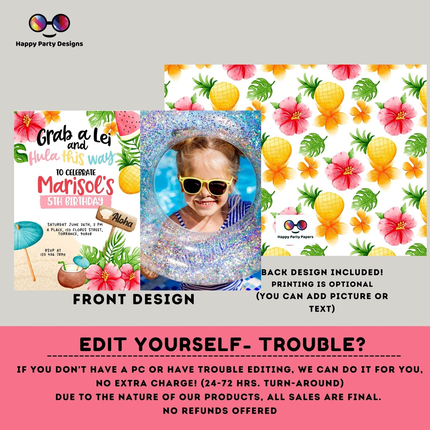 Editable Grab a Lei and Hula this way invitation template with photo | Hula Party Invitation | Any Event! | Beach Hawaiian party #K222