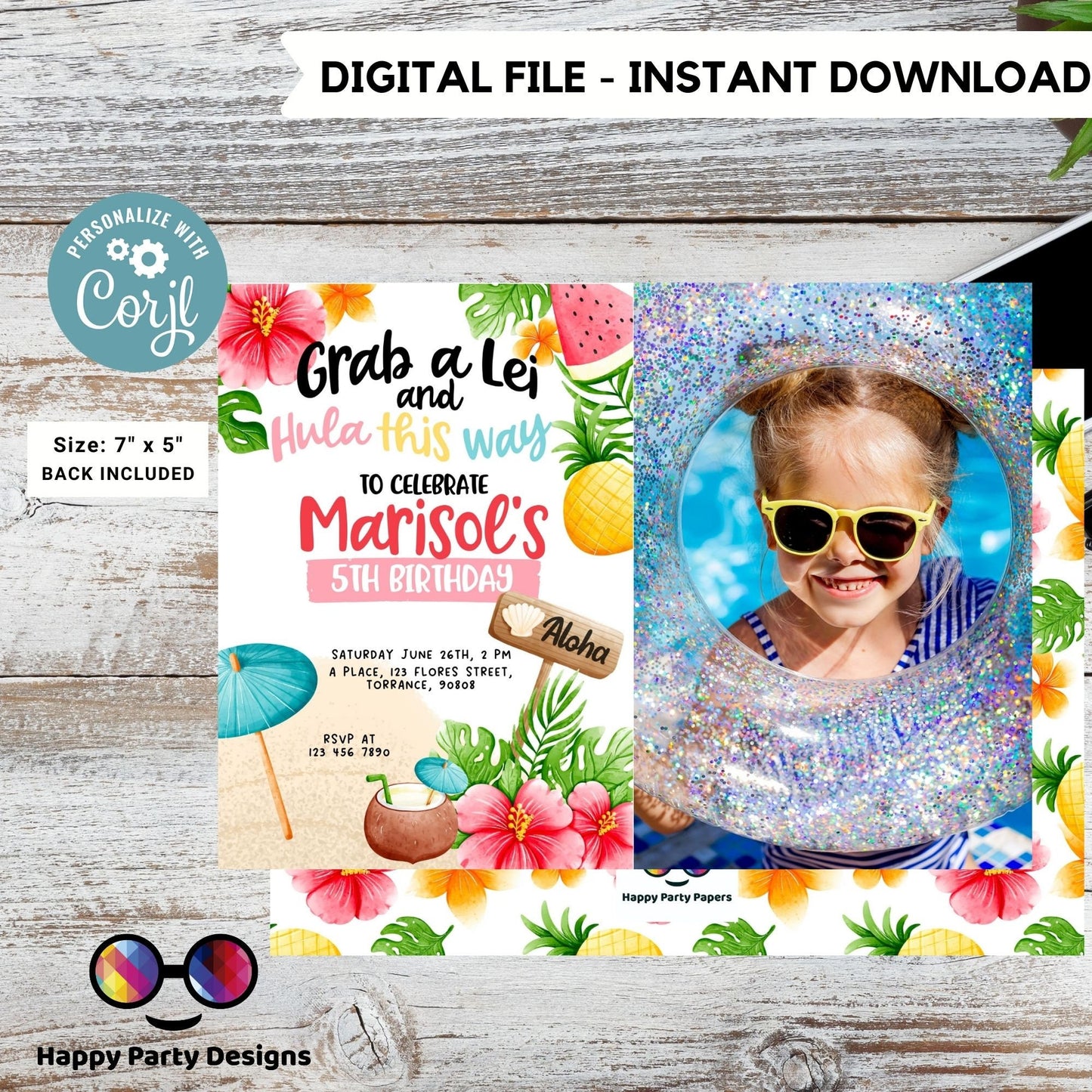Editable Grab a Lei and Hula this way invitation template with photo | Hula Party Invitation | Any Event! | Beach Hawaiian party #K222