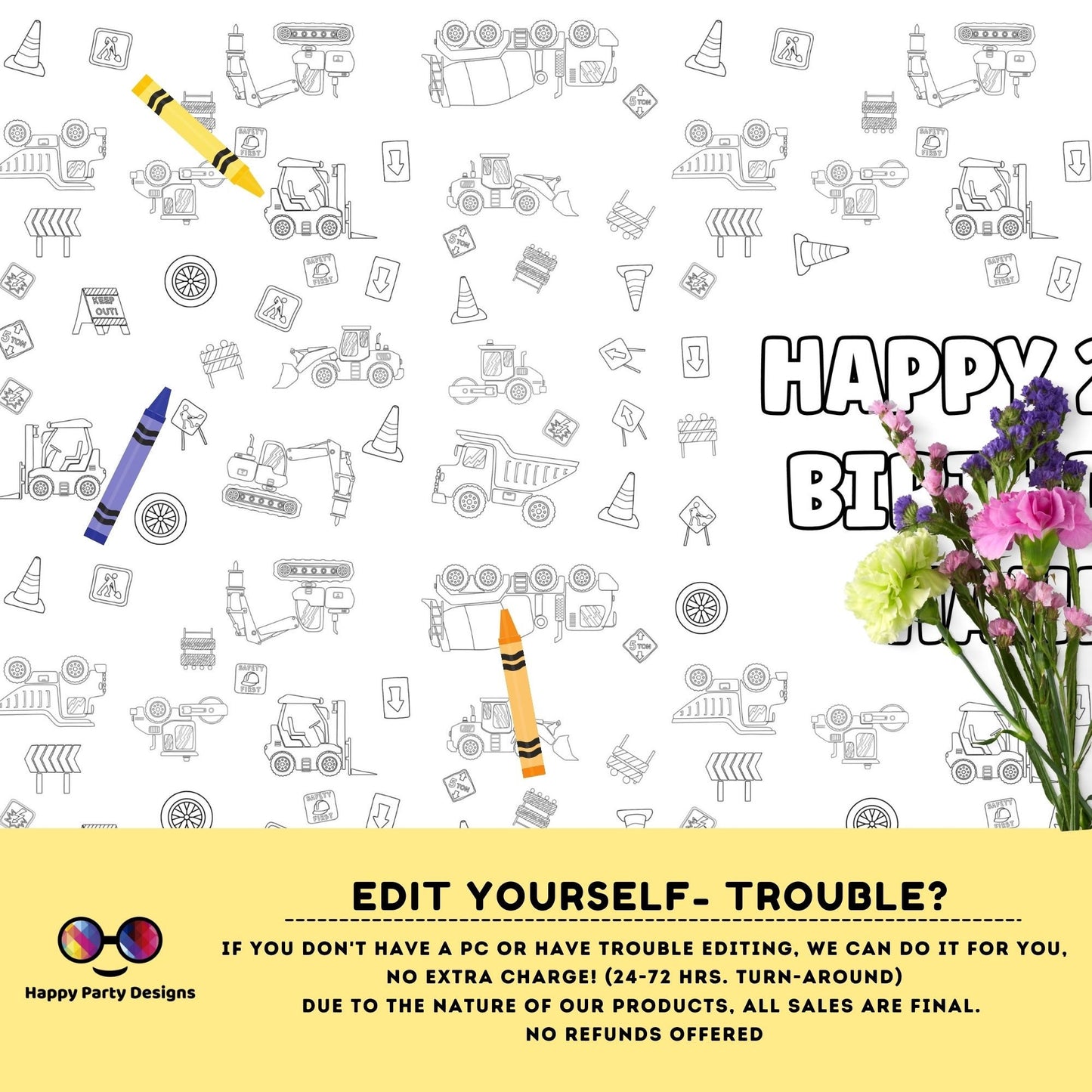 Construction Table Runner| Editable construction coloring page | Any Age | Trucks party | Party under construction table runner