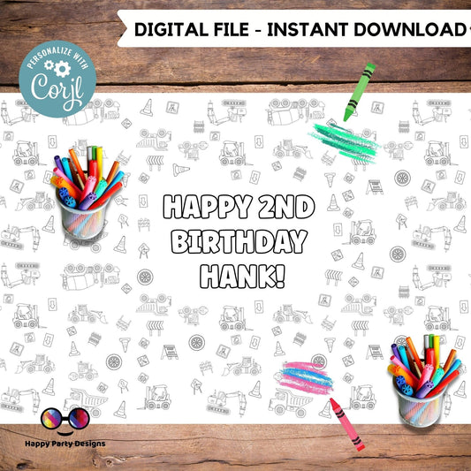 Construction Table Runner| Editable construction coloring page | Any Age | Trucks party | Party under construction table runner