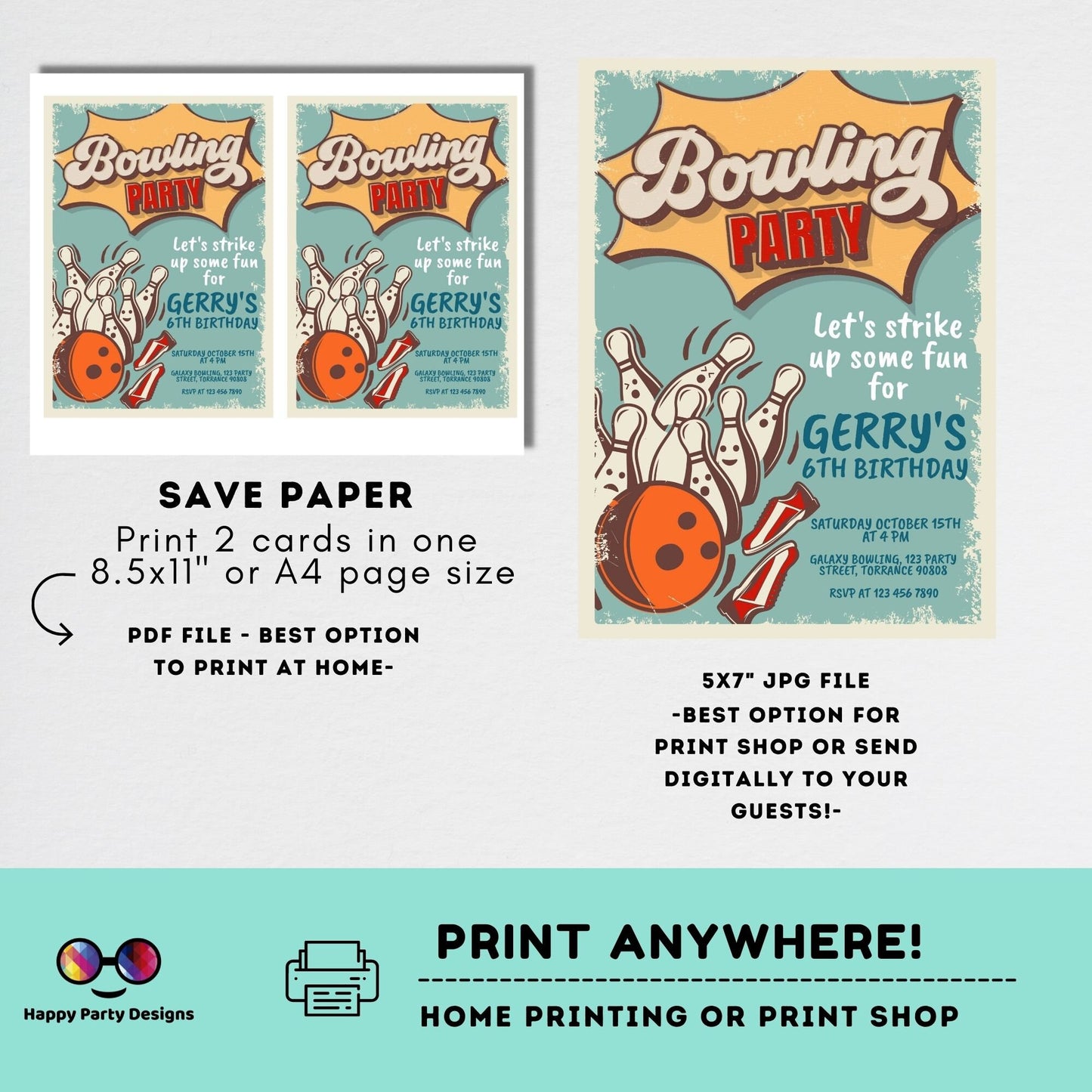 EDITABLE Bowling Birthday Boy | Bowling Boy Invitation | Birthday Boy | Instant Download | Digital | Retro look Party #K224