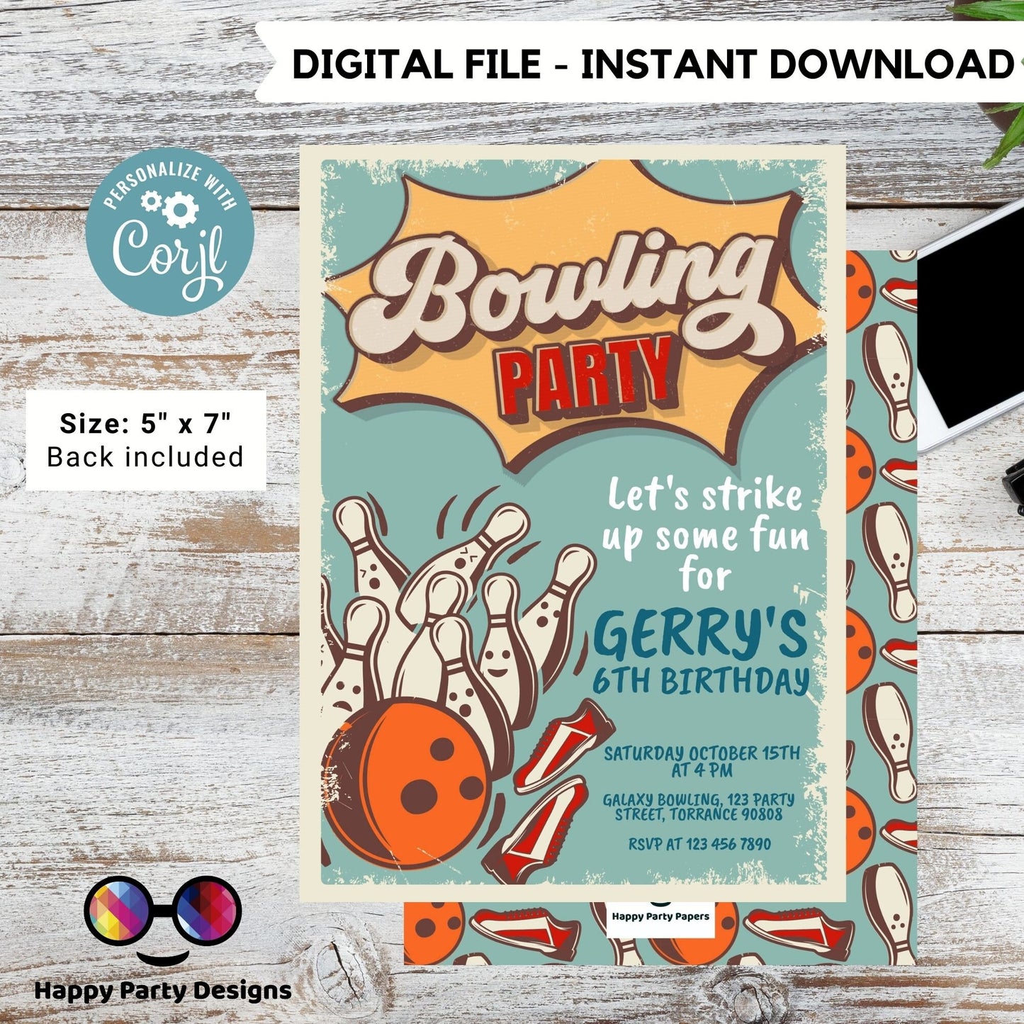 EDITABLE Bowling Birthday Boy | Bowling Boy Invitation | Birthday Boy | Instant Download | Digital | Retro look Party #K224