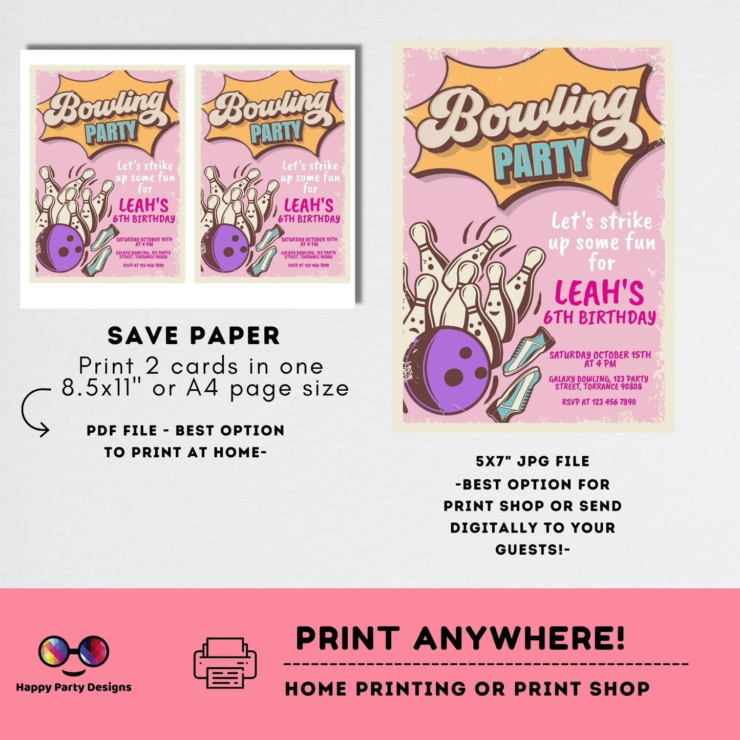 EDITABLE Bowling Birthday girl | Bowling girl Invitation | Birthday girl | Instant Download | Digital | Retro look Party #K224
