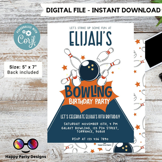 Let's strike up some fun EDITABLE Bowling Birthday invitation | Birthday Boy | Instant Download | Digital | Retro look Party #K225