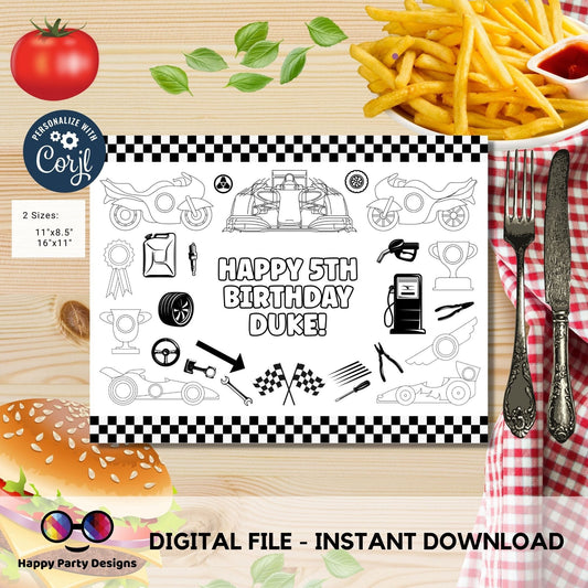 Editable racing cars  coloring page | Placemat coloring page | Any Age | racing cars | Two Fast | Car accesories party placemat #K52
