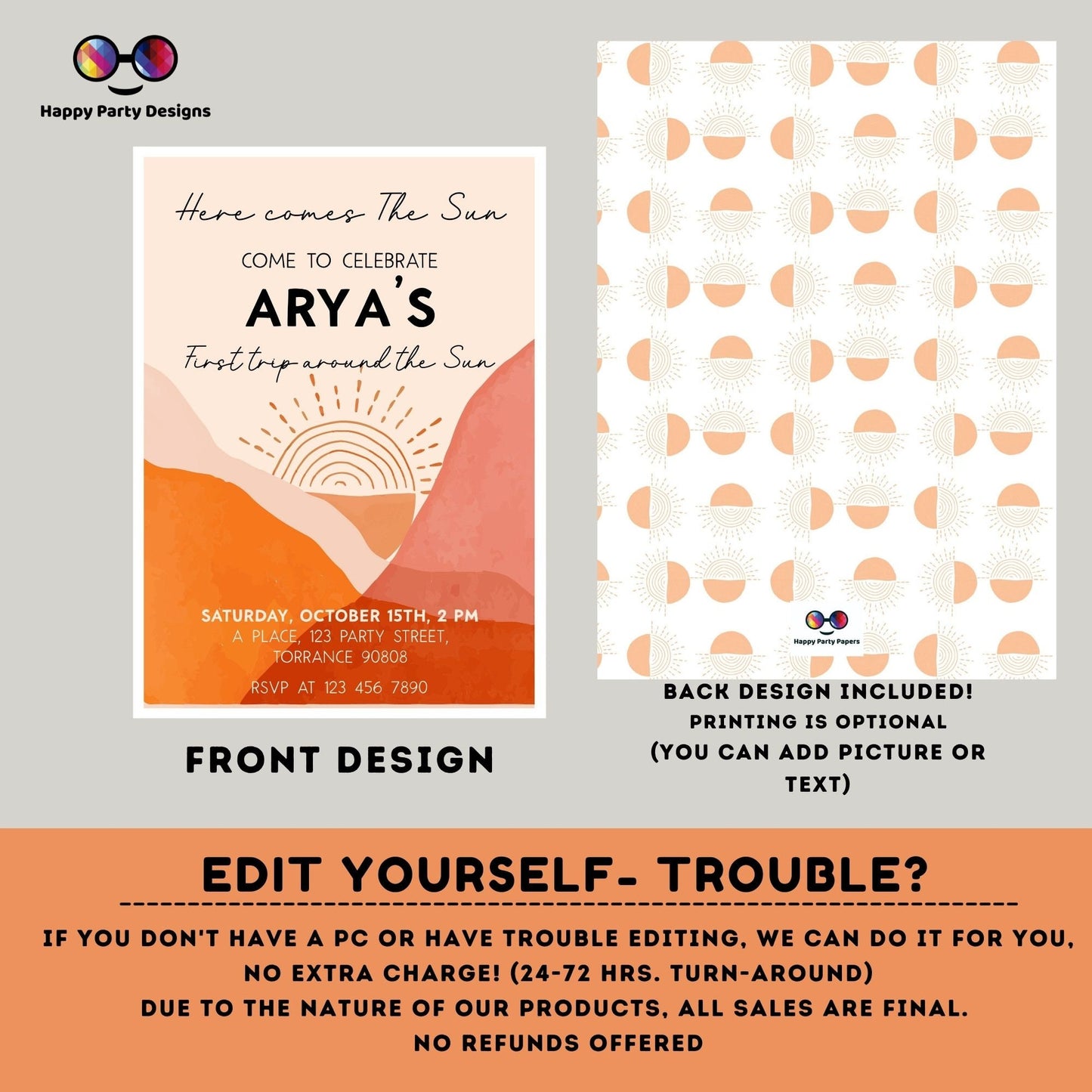 Editable First Trip around the sun Invitation | Boho Sunshine 1st Birthday Party | Here Comes The Sun | Boho 1st Trip Around The Sun #K205