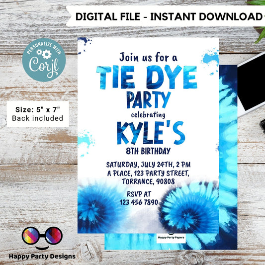 Editable Tie Dye Invitation Instant Download | Blue Tie Dye Birthday Invitations | Editable Tie Dye Party Invite | Printable Tie-Dye #K228