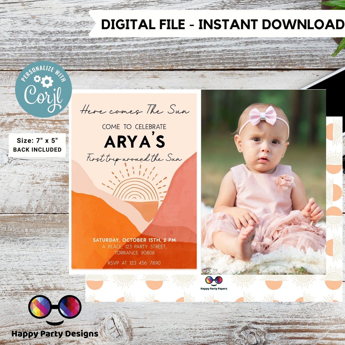 Editable First Trip around the sun Invitation with photo | Boho Sunshine 1st Birthday Party | Here Comes The Sun | Around The Sun #K205