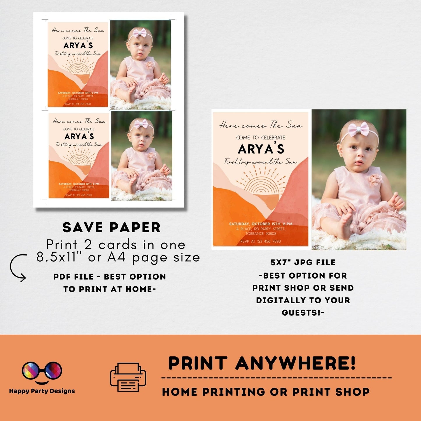 Editable First Trip around the sun Invitation with photo | Boho Sunshine 1st Birthday Party | Here Comes The Sun | Around The Sun #K205