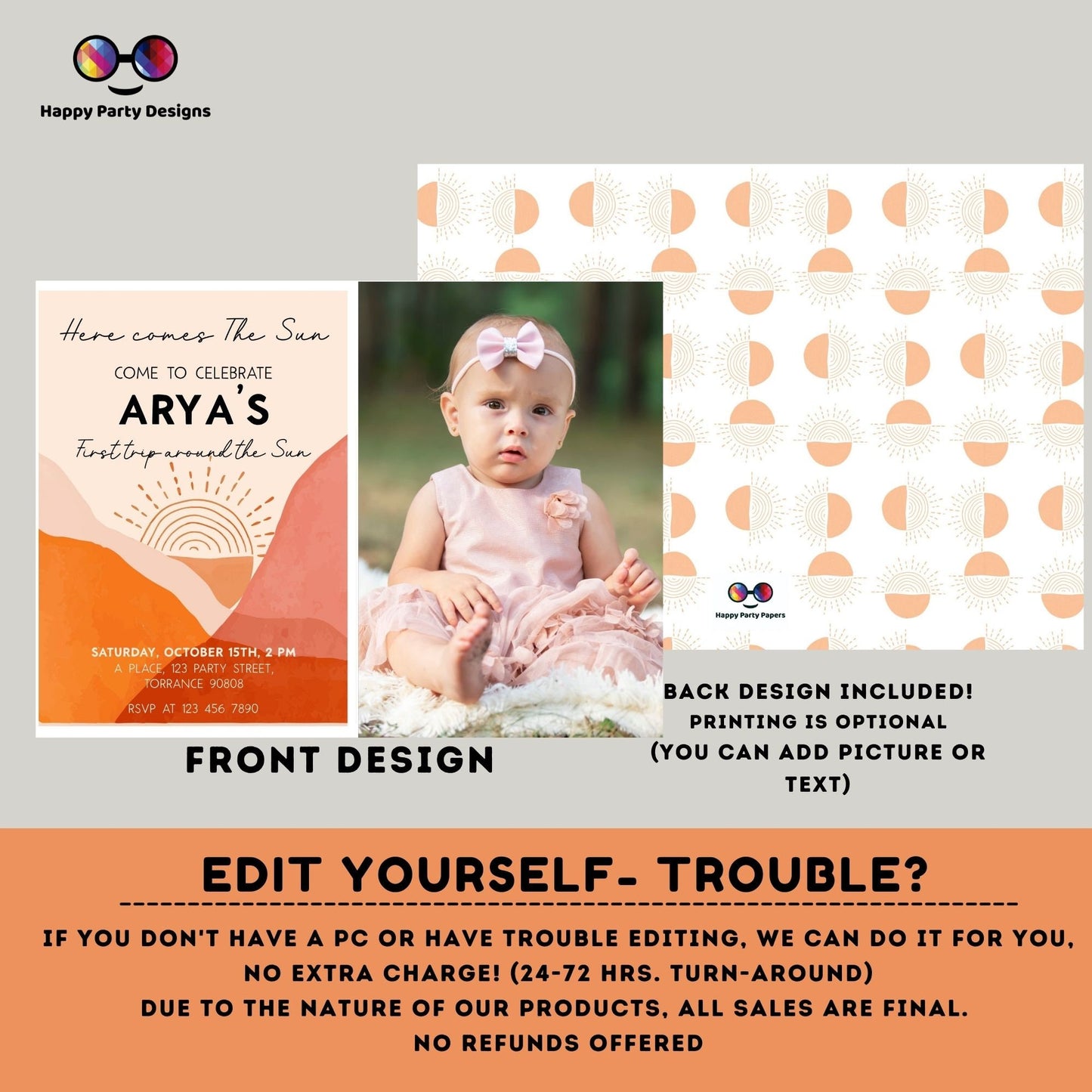 Editable First Trip around the sun Invitation with photo | Boho Sunshine 1st Birthday Party | Here Comes The Sun | Around The Sun #K205