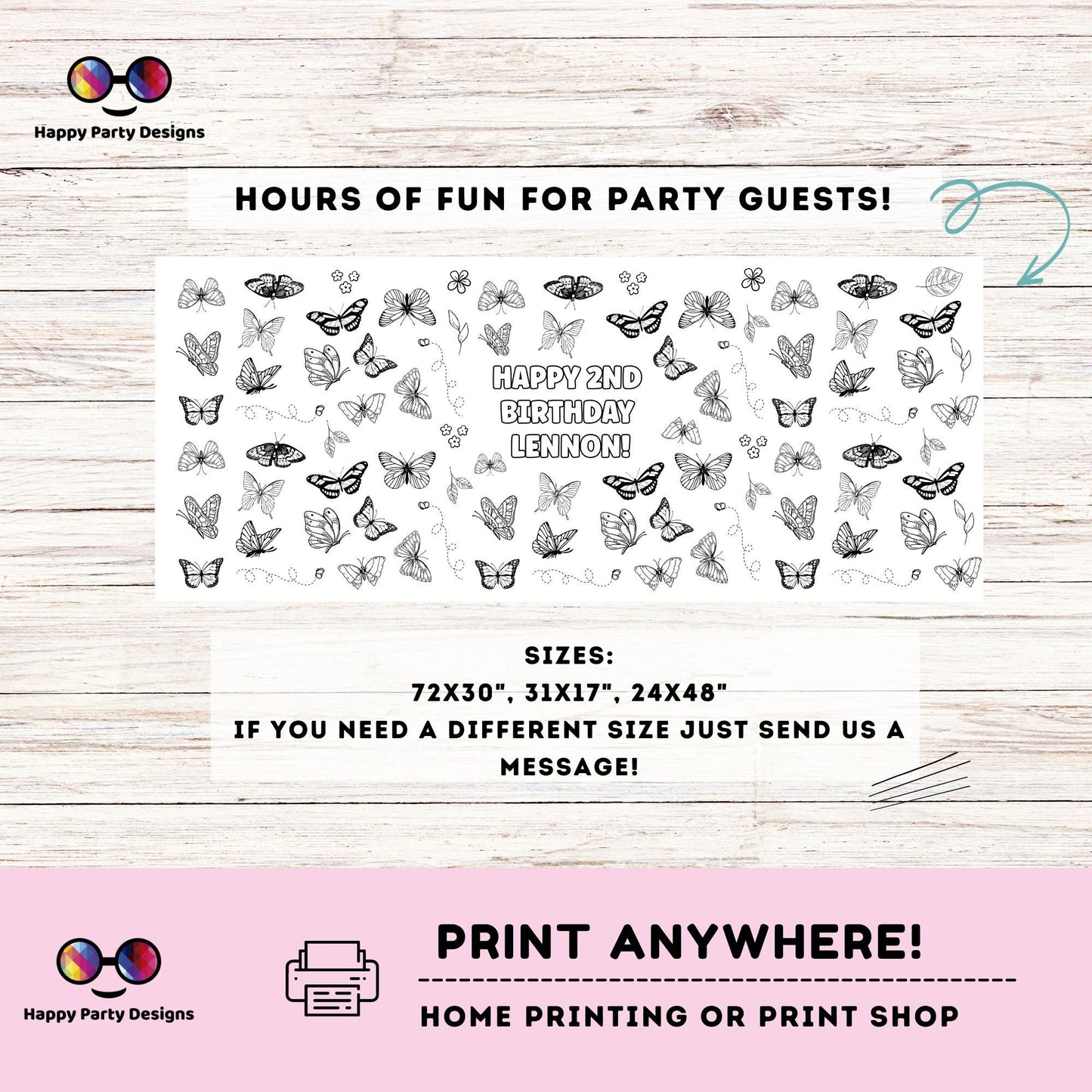 Butterfly XL table runner | Editable  table runner coloring page | Any Age | Table Decor | Butterfly birthday party Activity #K2