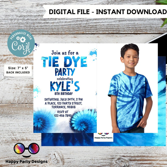 Editable Tie Dye Invitation with photo | Blue Tie Dye Birthday Invitations | Editable Tie Dye Party Invite | Printable Tie-Dye #K228