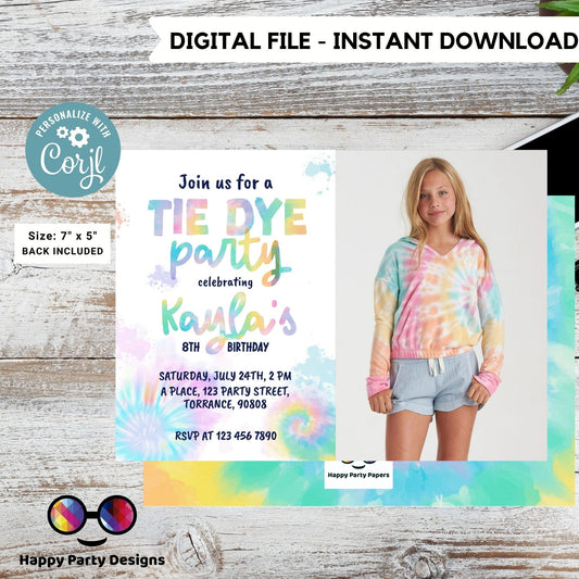 Editable Tie Dye Invitation with photo | Pink Tie Dye Birthday Invitations | Editable Tie Dye Party Invite | Printable Tie-Dye #K228