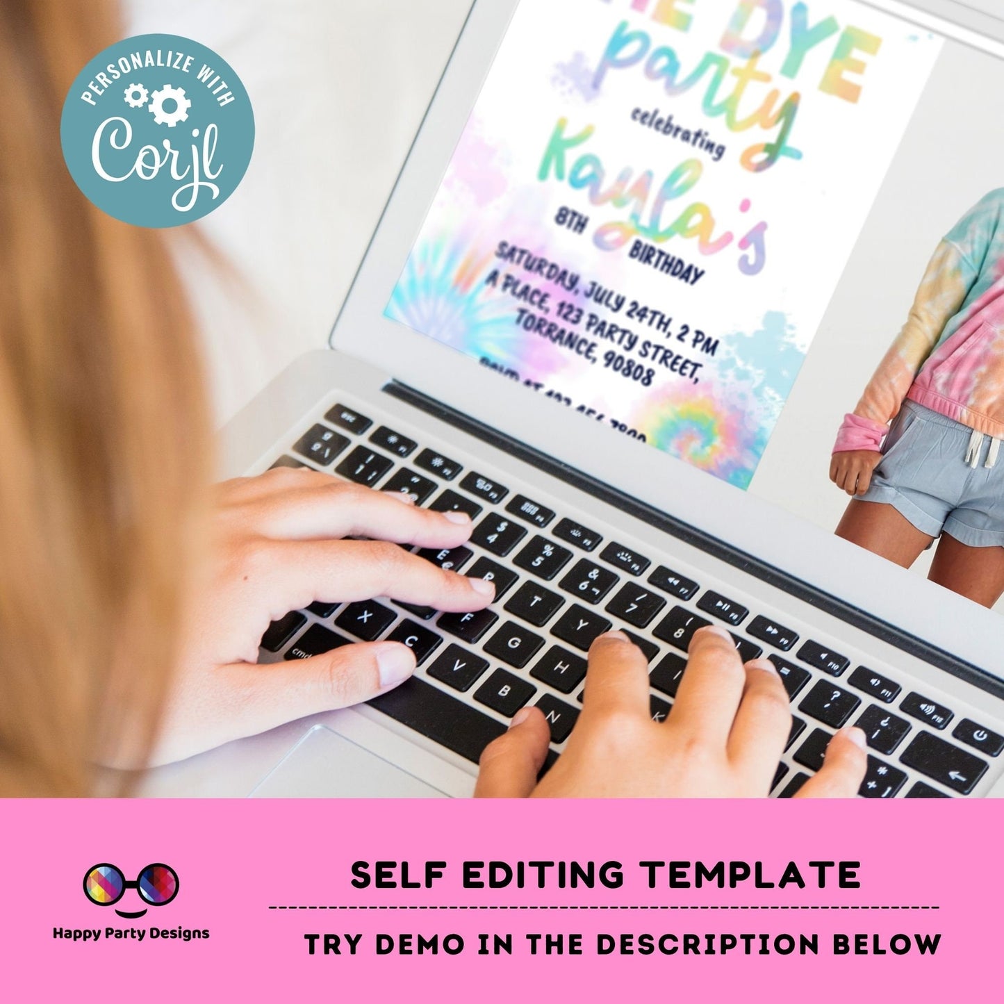 Editable Tie Dye Invitation with photo | Pink Tie Dye Birthday Invitations | Editable Tie Dye Party Invite | Printable Tie-Dye #K228