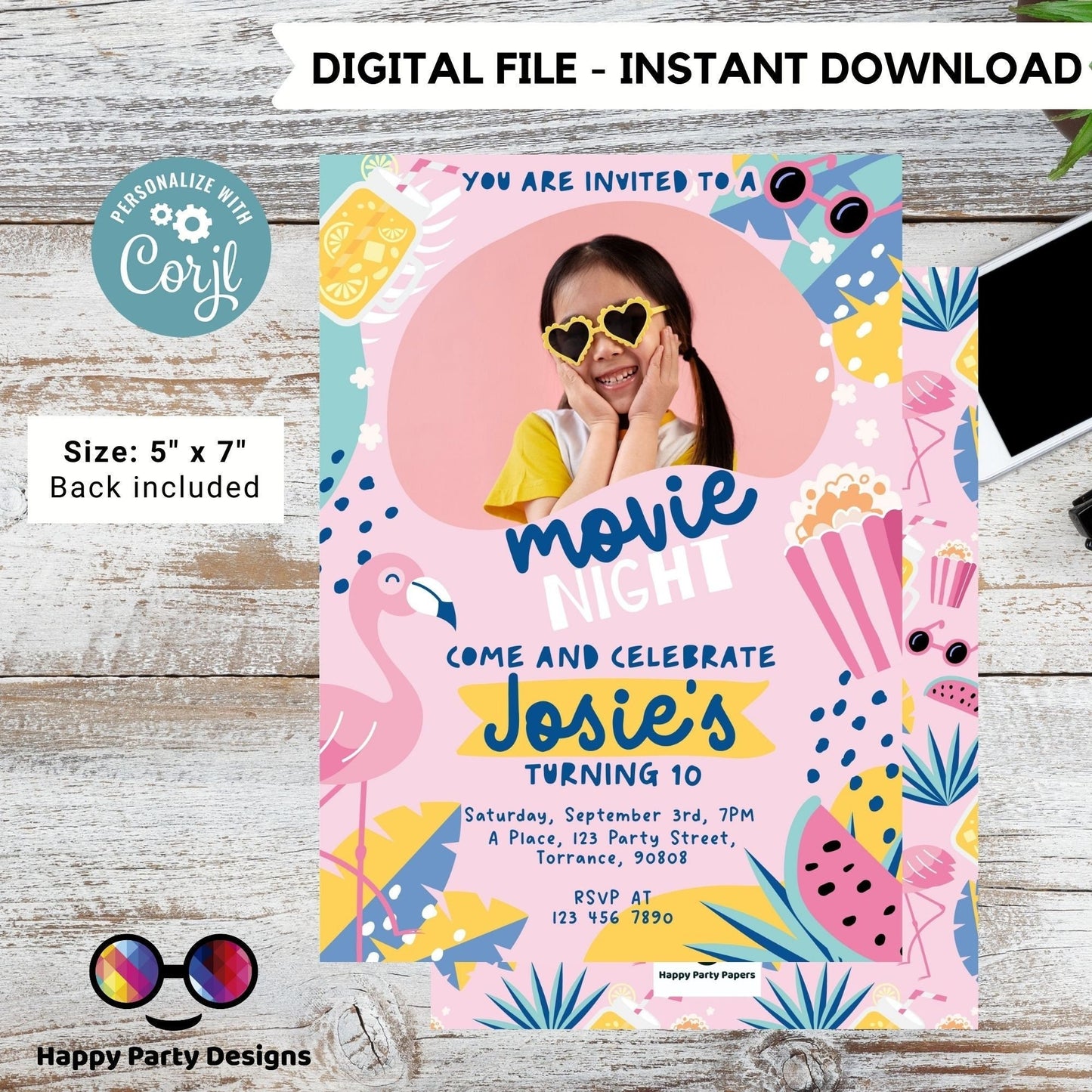 Movie party invitation | Editable summer movie backyard party printable invite | Birthday Girl | movie in the backyard | #K206