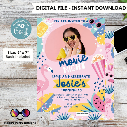 Movie party invitation | Editable summer movie backyard party printable invite | Birthday Girl | movie in the backyard | #K206