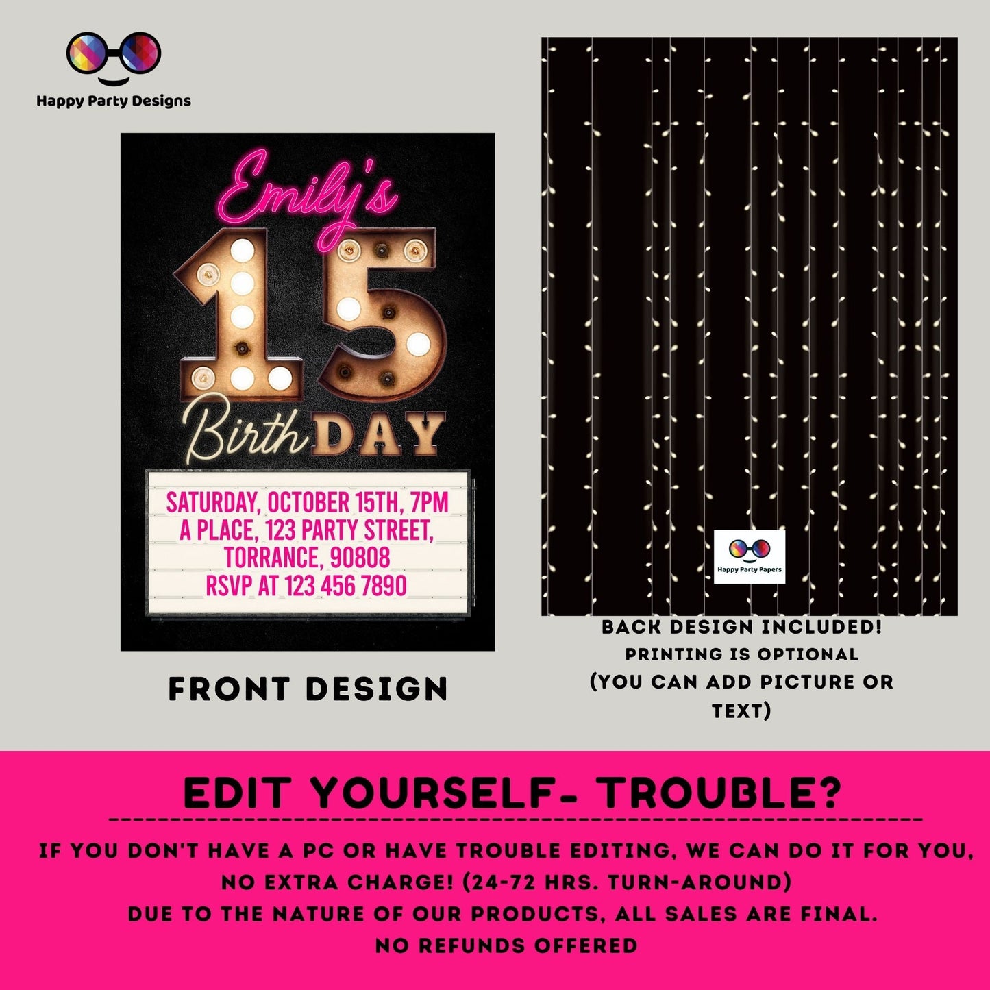 Editable 15th Birthday Invitation Editable Template Party Invitation | Pink marquee birthday Instant Download | Marquee Birthday  #K208