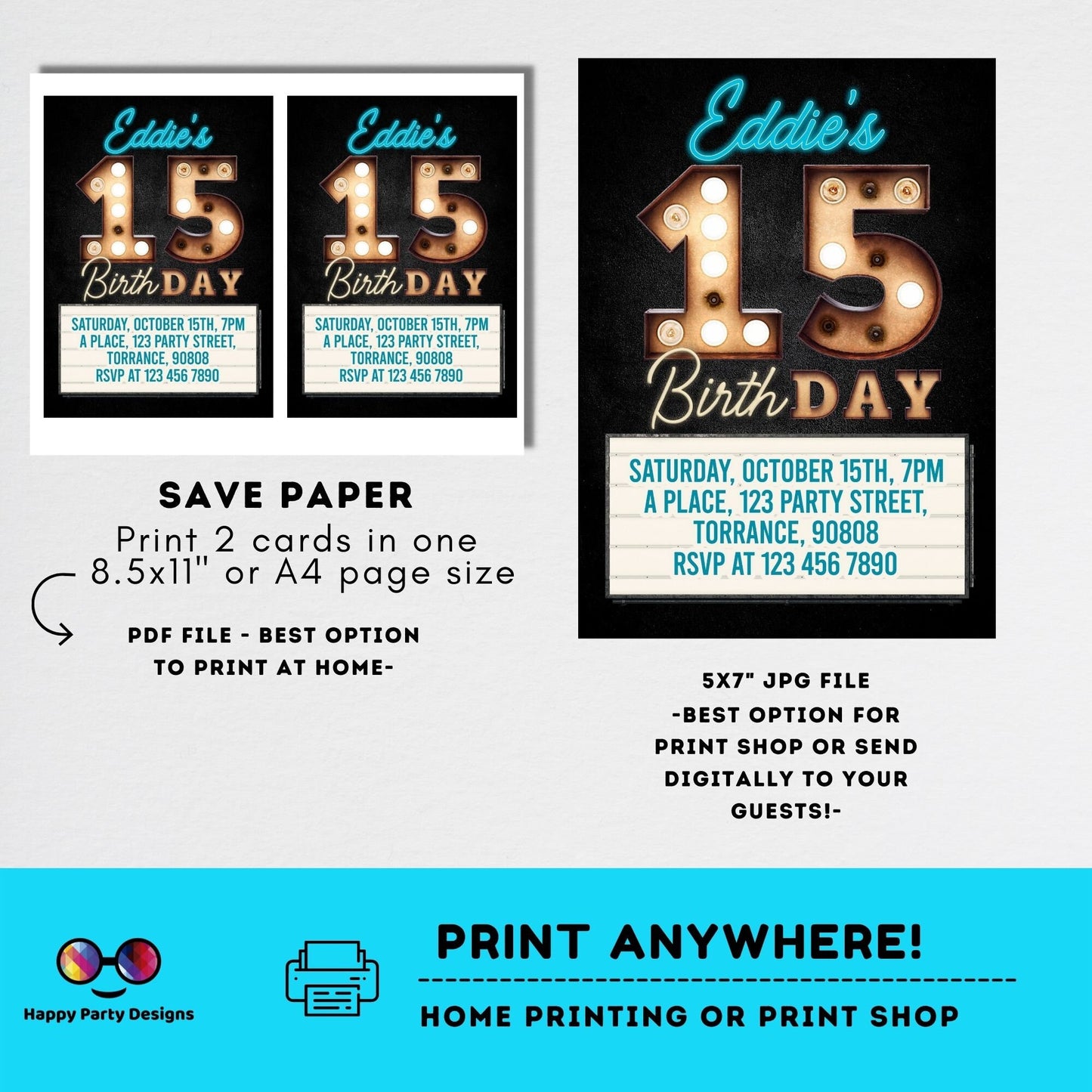 Editable 15th birthday invitation template | editable 15th birthday bulb lights birthday invite | marquee birthday party invites  #K208