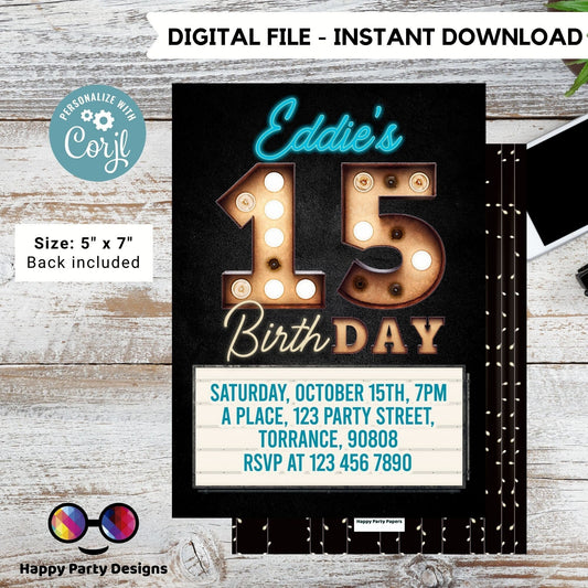 Editable 15th birthday invitation template | editable 15th birthday bulb lights birthday invite | marquee birthday party invites  #K208