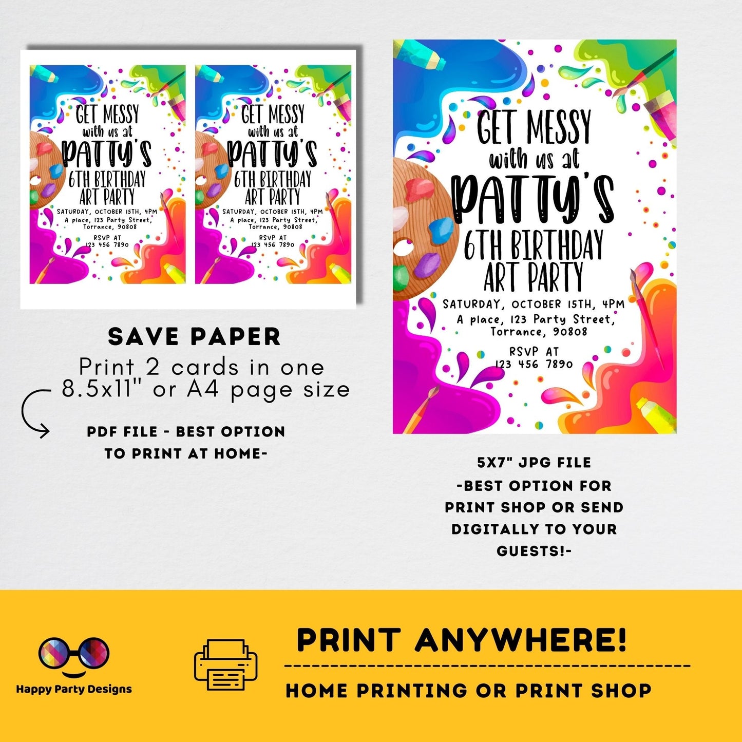 Editable Art Birthday Party Invitation | Girl Painting Party Invite | Canvas Craft Party Rainbow | Painting Party Invitation #K209