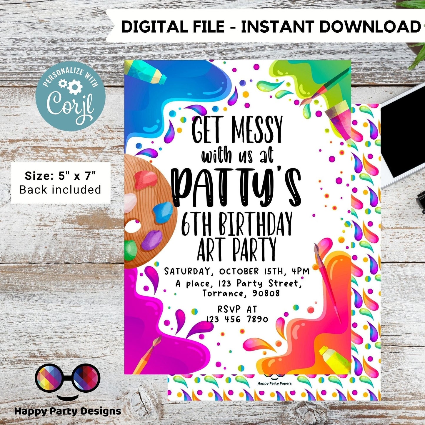 Editable Art Birthday Party Invitation | Girl Painting Party Invite | Canvas Craft Party Rainbow | Painting Party Invitation #K209