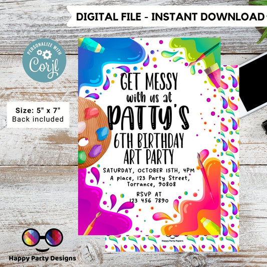 Editable Art Birthday Party Invitation | Girl Painting Party Invite | Canvas Craft Party Rainbow | Painting Party Invitation #K209