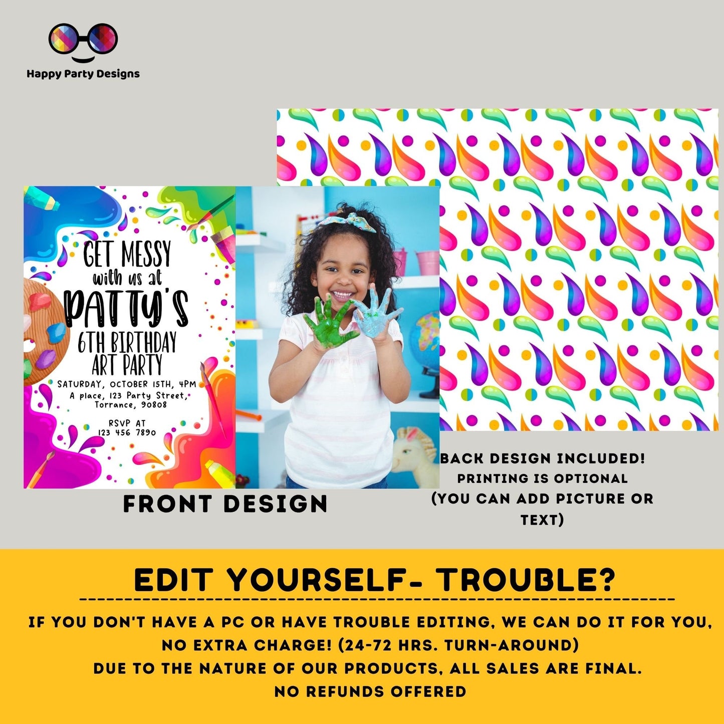 Editable Art Birthday Party Invitation with photo | Girl Painting Party Invite |Canvas Craft Party Rainbow | Painting Party Invitation #K209