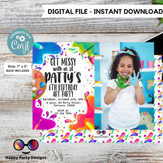 Editable Art Birthday Party Invitation with photo | Girl Painting Party Invite |Canvas Craft Party Rainbow | Painting Party Invitation #K209