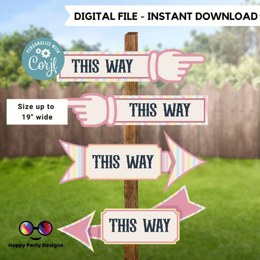 Carnival Circus Arrow Sign, Circus Birthday Arrow Sign | Pastel Rainbow | Editable Instant Download | Edit Online Instant download #K211
