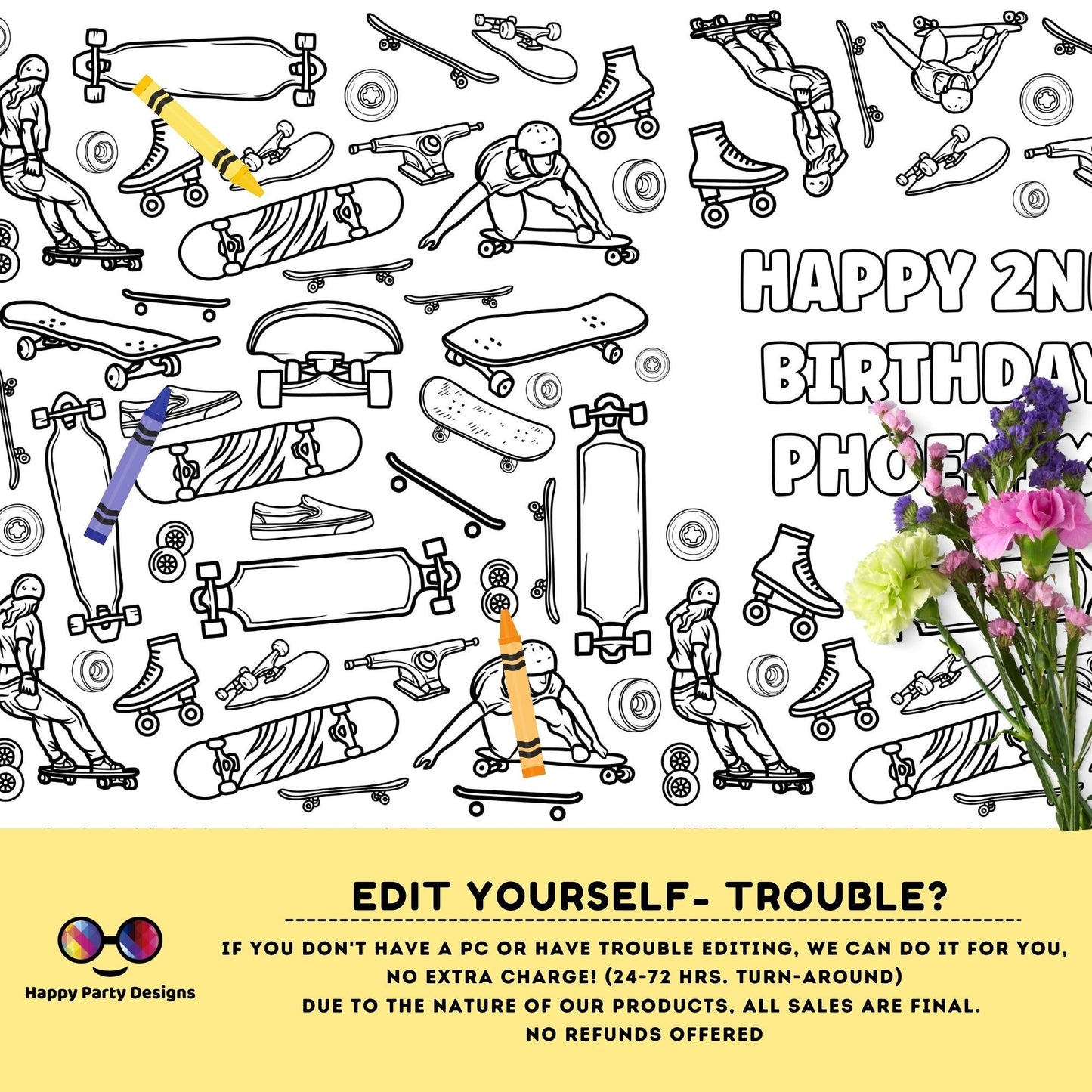 Skateboard XL table runner | Editable table runner coloring page | Any Age | skater birthday | table runner skate Party Activity #K117