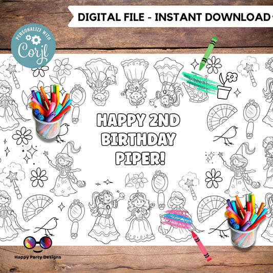 Princess XL table runner | Editable table runner coloring page | Any Age magical princesses birthday | table runner Party Activity #K184
