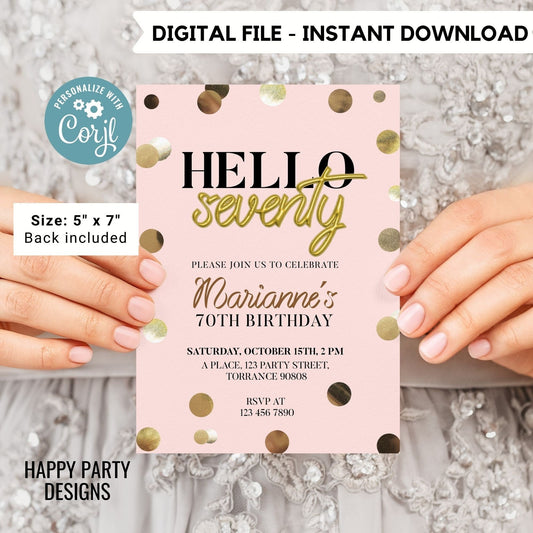 Hello seventy invitation | woman birthday | 70th Birthday Invitation For Women | Printable 70th Birthday Party Invitation #A21