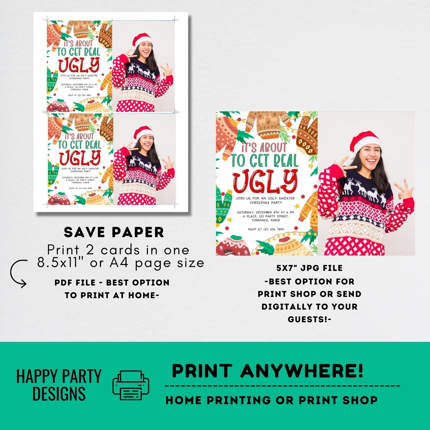Editable Ugly Sweater Party Invitation with photo | Christmas Party printable invite | Ugly sweater Invitation | Ugly Christmas Invite  #A26