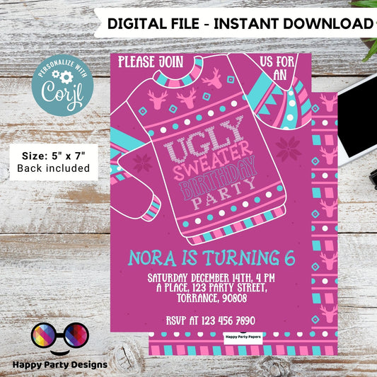 Editable Ugly Sweater Birthday Invitation | Christmas birthday printable invite | Ugly sweater Invitation | Ugly Christmas Invitations  #A28