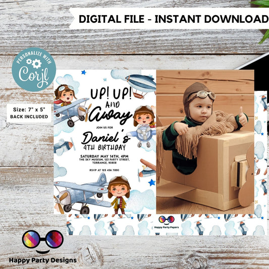 Editable Up Up and Away Invite with photo | Airplane Birthday Invitation | Airplane Party | Plane invitation | Boy Party | Airplane #K229